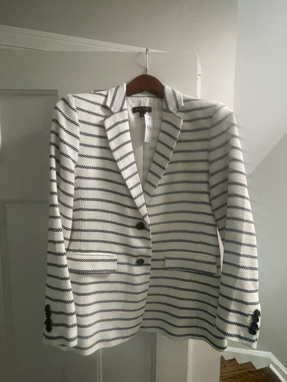 Ann Taylor White Blazer with Navy Stripe Pattern